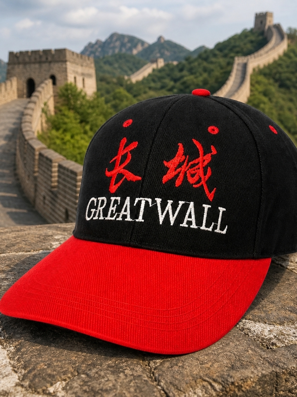 Great Wall China Hat Black Red Snapback Cap Chinese Script Travel Longer Bill